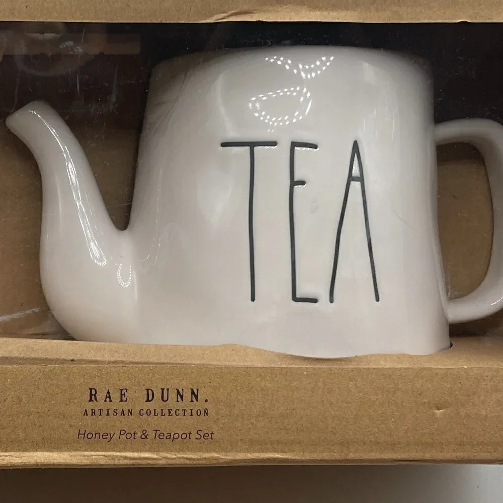 NIB Rae Dunn Honey Pot & Tea Pot Honey Dipper 3- Piece Creamware Gift Set